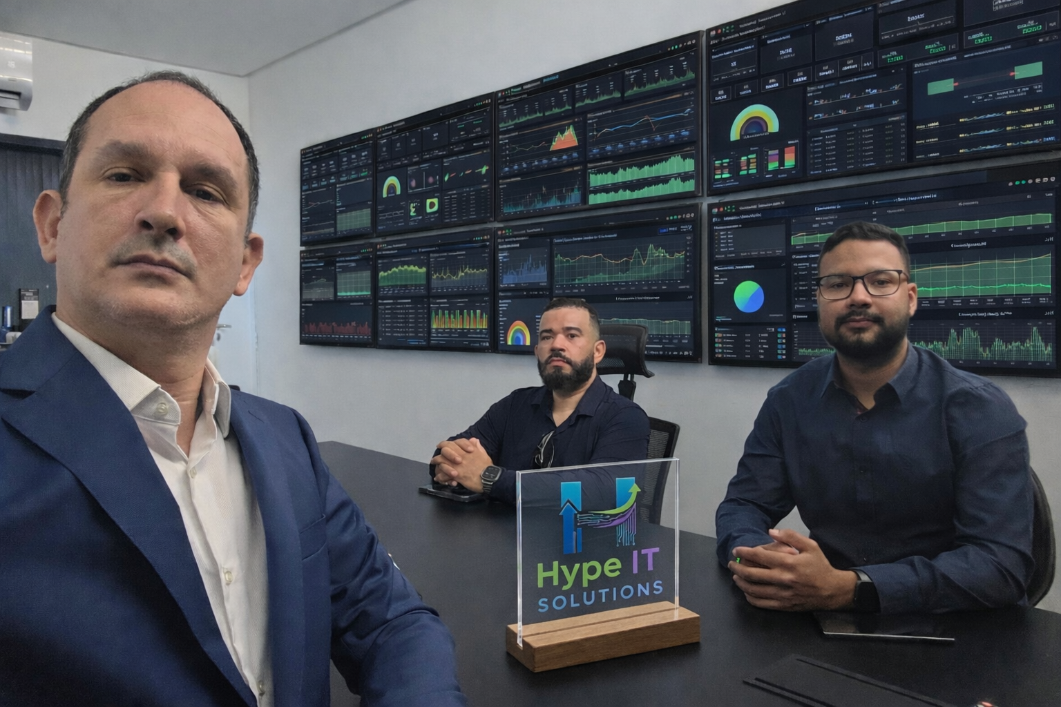 Os três sócios fundadores da Hype IT: Daniel Hoisel, Adriano Oliveira e Esdras Zaqueu na sala de monitoramento.